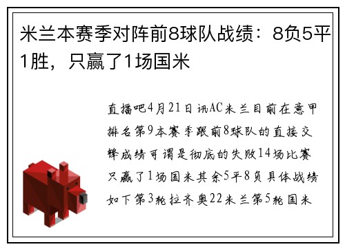 米兰本赛季对阵前8球队战绩：8负5平1胜，只赢了1场国米